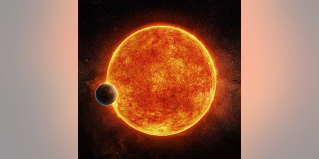This planet is located in the liquid water habitable zone surrounding its host star, a small, faint red star named LHS 1140. The planet weighs about 6.6 times the mass of Earth and is shown passing in front of LHS 1140. Depicted in blue is the atmosphere the planet may have retained. (M. Weiss/CfA)