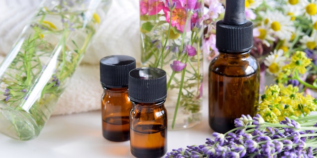 essential oils and natural cosmetics with fresh herbal leaves and flowers for beauty treatment