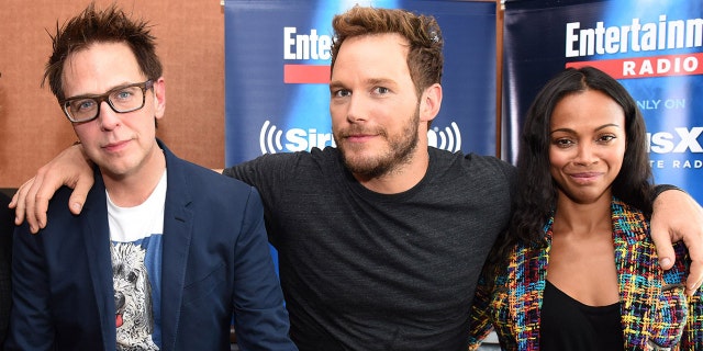 Director James Gunn, left, with "Guardians of the Galaxy" stars Chris Pratt, center, and Zoe Saldana.