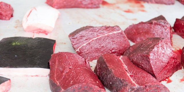 Fresh minke whale meat on a market in Aasiaat, Greenland