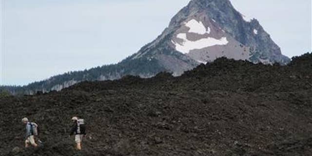 FILE - In this July 21, 2014 file photo, hikers make their way along the Pacific Crest Trail near Bend, Ore. with Mount Washington in the background. The popularity of author Cheryl Strayed's memoir "Wild: From Lost to Found on the Pacific Crest Trail" has led to increased awareness and use of the trail that runs from Canada to Mexico through Washington, Oregon and California. The movie Wild, which scored two Oscar nominations, has also increased interest in the trail. (AP Photo/The Bulletin, Mark Morical, File)