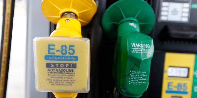Aug. 9, 2014 –FILE photo of nozzles for biofuel E-85, and traditional gasoline at a gas station in Batesville, Miss. (AP)