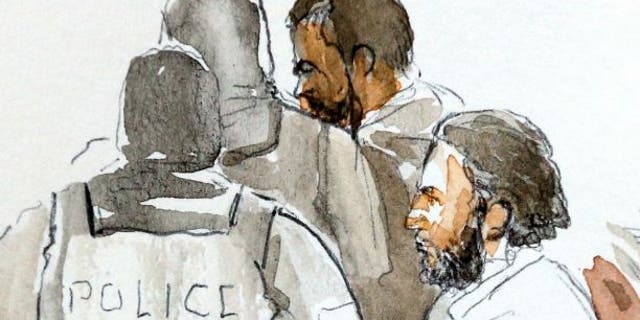 A court artist drawing shows Salah Abdeslam, one of the suspects in the 2015 Islamic State attacks in Paris, on Feb. 5.