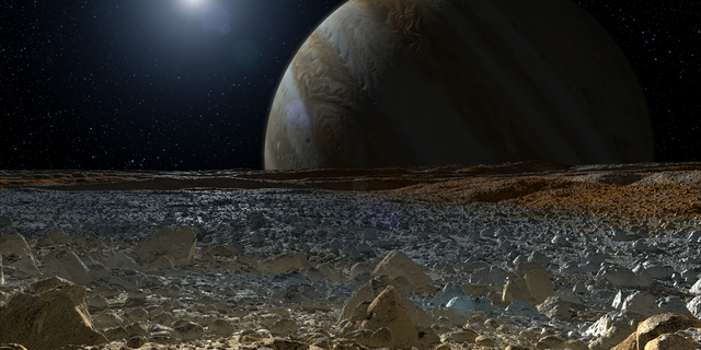 A simulated view from the surface of Europa, one of Jupiter's four Galilean moons.