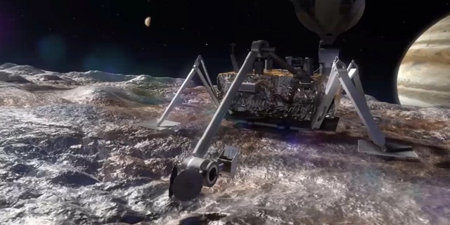 Artist's illustration of a potential NASA lander on the surface of Jupiter's icy, ocean-harboring moon Europa. Credit: NASA/JPL