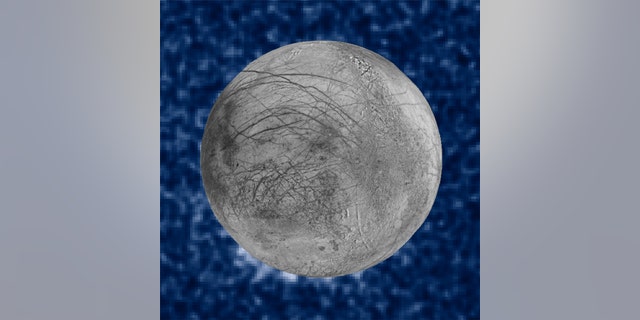This composite image shows suspected plumes of water vapor erupting at the 7 o’clock position off the limb of Jupiter’s moon Europa.