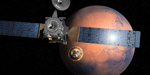 Artist's impression provided by the European Space Agency, ESA, depicting the separation of the ExoMars 2016 entry, descent and landing demonstrator module, named Schiaparelli, center, from the Trace Gas Orbiter, TGO, left, and heading for Mars.