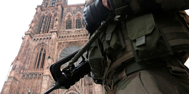 A French soldier stands guard near Strasbourg's cathedral in Strasbourg, France, November 21, 2016.