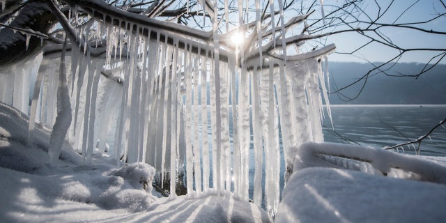 Icicles hang on a branch on the shore of Lake Alpnachersee in Alpnach, Switzerland, on Wednesday, Feb. 28, 2018.