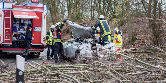 Rescue workers are busy at the site where a car was hit by a falling tree during a storm in Moers, western Germany, Thursday, Jan. 18, 2018.