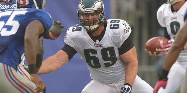 EAST RUTHERFORD, NJ - OCTOBER 06: Evan Mathis #69 of the Philadelphia Eagles blocks against the New York Giants at MetLife Stadium on October 6, 2013 in East Rutherford, New Jersey. The Eagles won 36-21. (Photo by Drew Hallowell/Philadelphia Eagles/Getty Images)