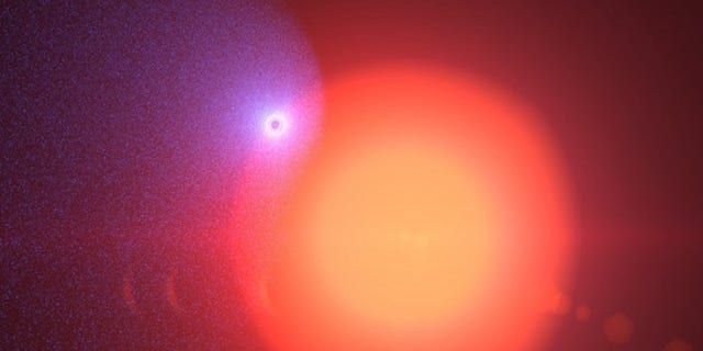 Artist's impression showing the warm, Neptune-size exoplanet GJ 436b at the beginning of its transit across the surface of its parent star, a red dwarf that is half the diameter of the sun. The planet is 33x closer to its parent star than the E