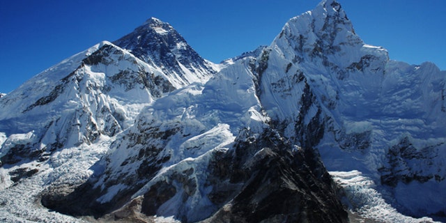 Mount Everest is the second peak from the left.