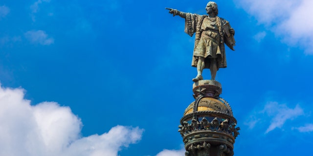 The Columbus Monument on the square Portal de la pau in Barcelona, Catalonia, Spain was originally erected in 1888.