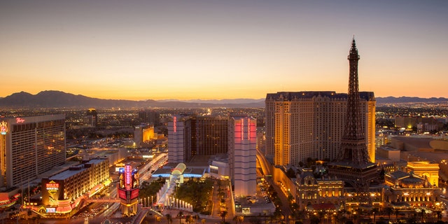 Aerial view over Las Vegas close to sunset at twilight. Las Vegas, Nevada, USA