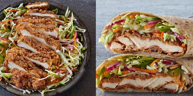 The spicy fried chicken breast can be served up in a tortilla or on a bowl of shredded vegetables.