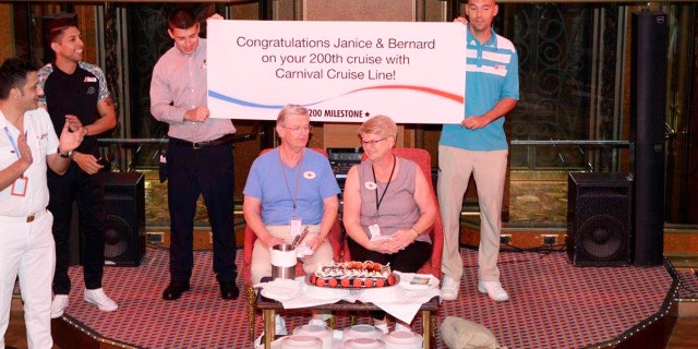 Bernard and Janice Caffary are welcomed aboard their 200th Carnival cruise sailing.