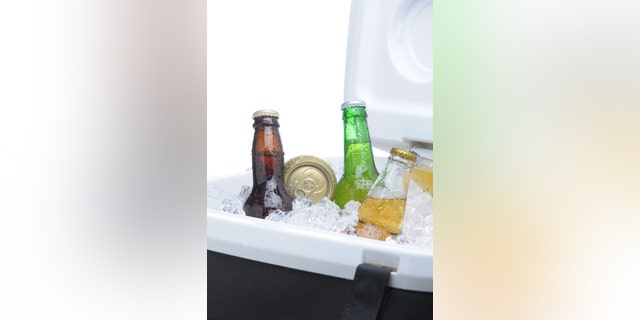 Close up of an assortment of beer bottles and cans in cooler with ice vertical composition