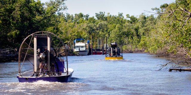Airboats ride the River near Everglades City, Florida