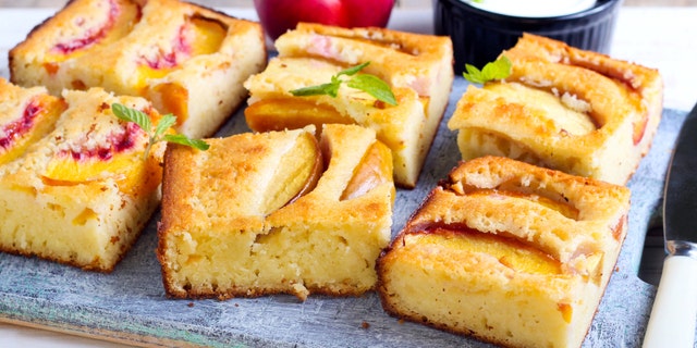 Slices of nectarine polenta cake