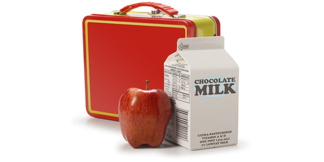 A milk carton, apple and lunchbox.