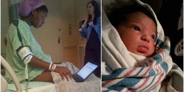 Tommitrise Collins (left) pictured studying for her psychology exam. She gave birth to her daughter, Tyler (right), after 20 hours of labor.