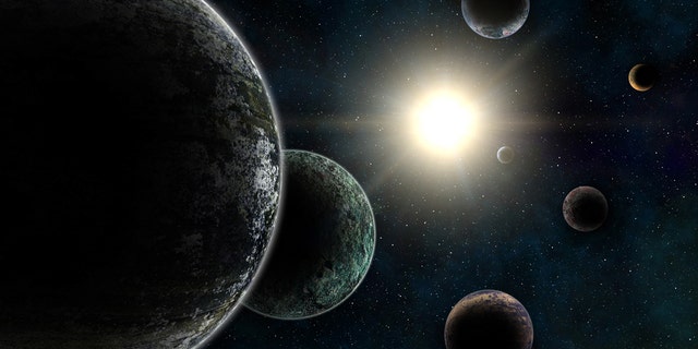 3d render of unreal Trappist-1 exoplanets system