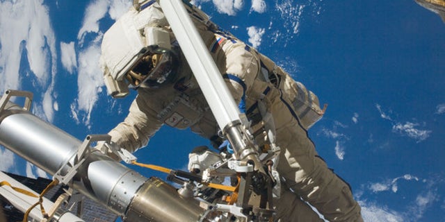 Russian cosmonaut Anton Shkaplerov, Expedition 30 flight engineer, participates in a session of extravehicular activity (EVA) to continue outfitting the International Space Station. Image released Feb. 16, 2012.