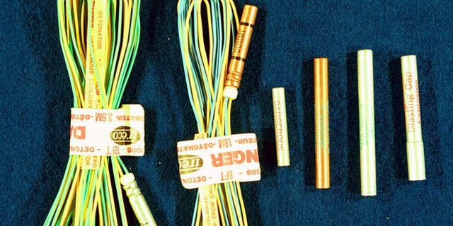 In this photo provided by the Bureau of Alcohol, Tobacco, Firearms and Explosives, sample detonation cord and blasting caps is shown.