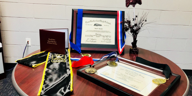 Principal Sforza created replicas of four awards Vito Trause received during his military service: the Good Conduct Medal, the World War II Victory Medal, the American Campaign Medal and the European-African-Middle Eastern Campaign Medal with three Bronze Stars.