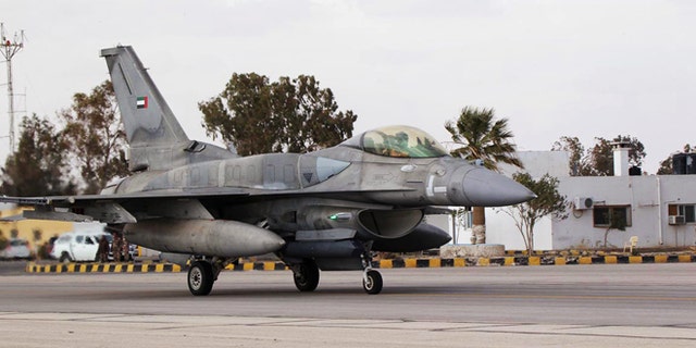 An F16 fighter jet from the United Arab Emirates (UAE) arrives at an air base in Jordan February 8, 2015.