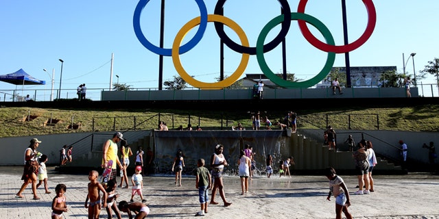 The Olympic Rings rise above Madureira Park on June 4, 2015 in Rio de Janeiro, Brazil.