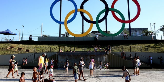 The Olympic Rings rise above Madureira Park on June 4, 2015 in Rio de Janeiro, Brazil.