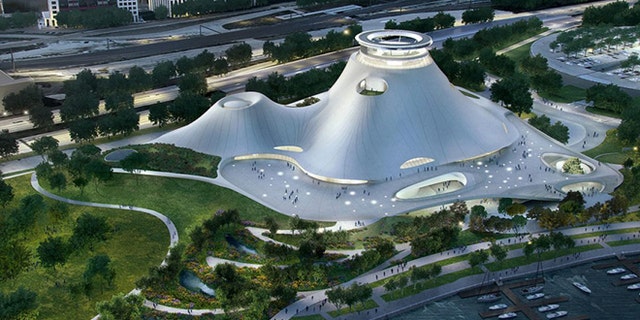 This rendering shows the proposed Lucas Museum of Narrative Art in Chicago.