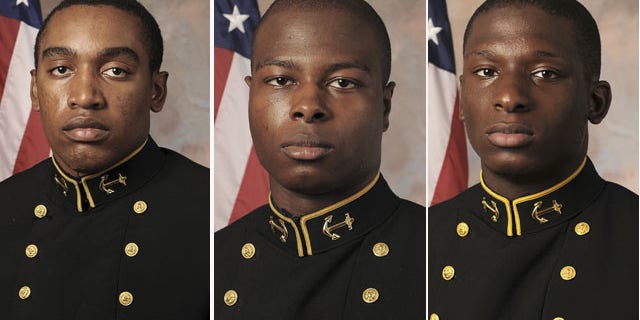 (L-R): Naval Academy Midshipmen Tra'ves Bush, Eric Graham, and Josh Tate. A hearing has begun to determine whether Bush and two other former U.S. Naval Academy football players will face a court-martial on charges that they sexually assaulted a female midshipman. (AP Photo/U.S. Navy Football)