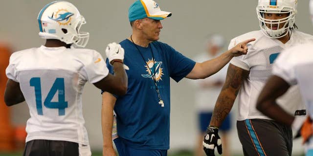 Miami Dolphins head coach Joe Philbin gestures during NFL football training camp in Davie, Fla., Wednesday, July 30, 2014. (AP Photo/Alan Diaz)