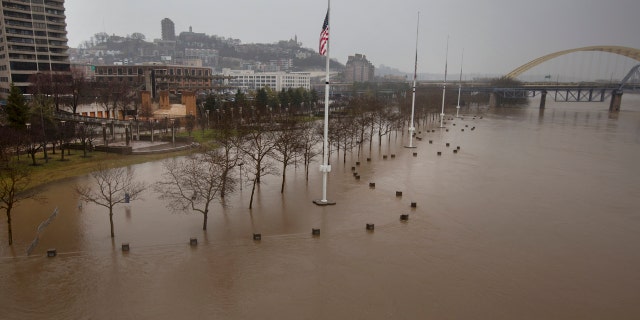 A view from the Central Bridge shows the flooding from the Ohio River Saturday, Feb. 24, 2018 in Cincinnati.