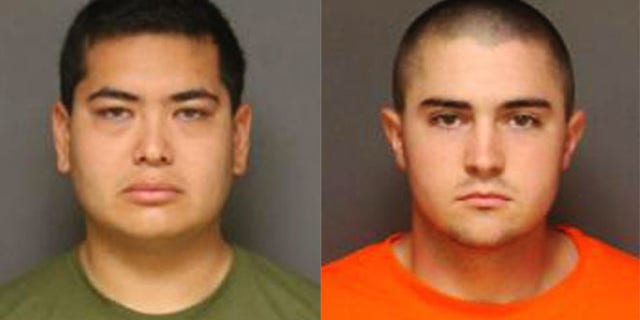 These photos released by the Fullerton, Calif., Police Department show Frank Felix, 25 (left) and Josh Acosta, 21, (right) who were arrested and jailed in connection with the murders of two men and a woman at a Fullerton home. (Fullerton Police Department via AP)