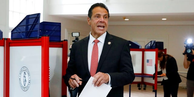 New York Gov. Andrew Cuomo speaks as he marks his primary election ballot at the Presbyterian Church of Mount Kisco on Thursday.