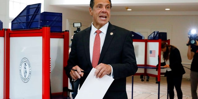 New York Gov. Andrew Cuomo speaks as he marks his primary election ballot at the Presbyterian Church of Mount Kisco on Thursday.