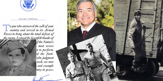 Judge Frederick Aguirre (center) surrounded by, clockwise from right, his uncle Richard Aguirre as a P.F.C.; his father Alfred Aguirre with Ruben Abraham in 1945; his father-in-law, Eutiquio Martínez, along with a letter to Martínez from the White House and signed by Harry S. Truman. (Photos: Courtesy Orange County Hispanic Bar Association, American Patriots of Latino Heritage)