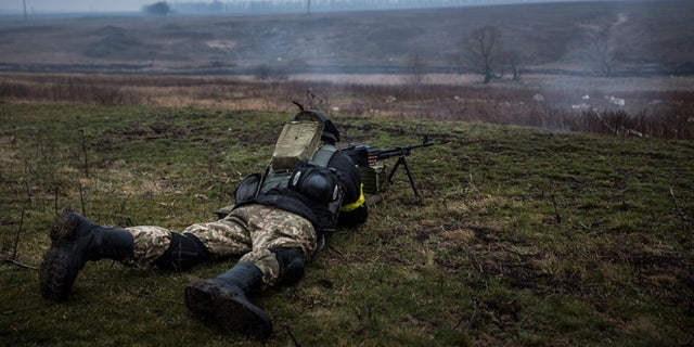 Ukrainian troops from Donbass battalion train with small arms on March 13, 2015 outside Mariupol, Ukraine.
