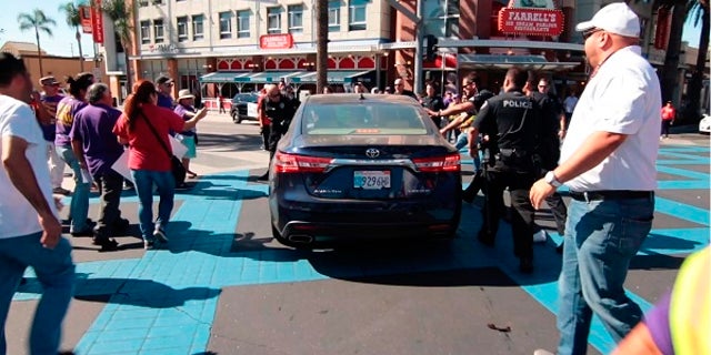 Police arrested the motorist after a car plowed into an immigration rally.