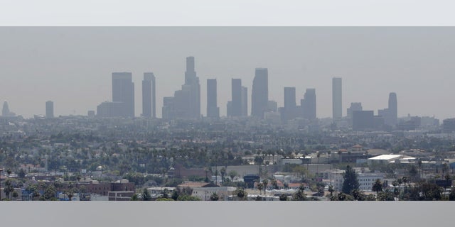 The skyline of downtown Los Angeles through a layer of smog is seen in the distance from a rooftop in Hollywood, California, May 31, 2006. (REUTERS/Fred Prouser/Files)