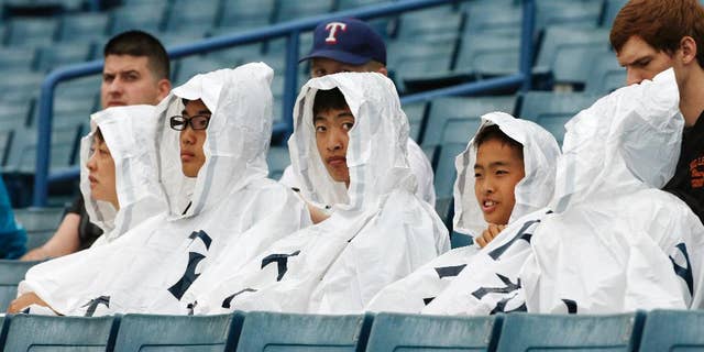 Poncho-covered baseball fans wait in a light rain before the New York Yankees final spring exhibition baseball game, against the Miami Marlins, was canceled due to rain in Tampa, Fla., Saturday, March 29, 2014. (AP Photo/Kathy Willens)