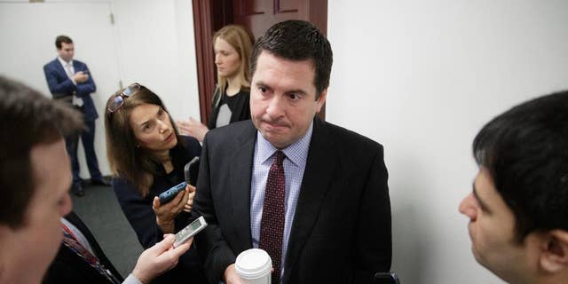 House Intelligence Committee Chairman Rep. Devin Nunes, R-Calif., being questioned by reporters on Capitol Hill in February 2017.