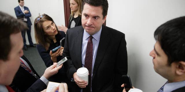 House Intelligence Committee Chairman Rep. Devin Nunes, R-Calif., being questioned by reporters on Capitol Hill in February 2017.