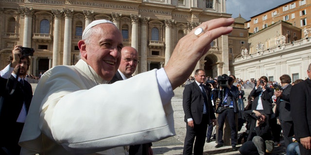 Pope Francis in St. Peter Square at the Vatican, Wednesday, Oct. 16, 2013.