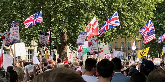 Flags and banners over the march.