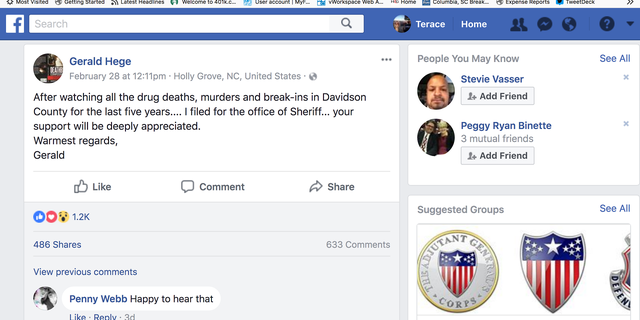 Gerald Hege announces his run for sheriff. Lexington, N.C.